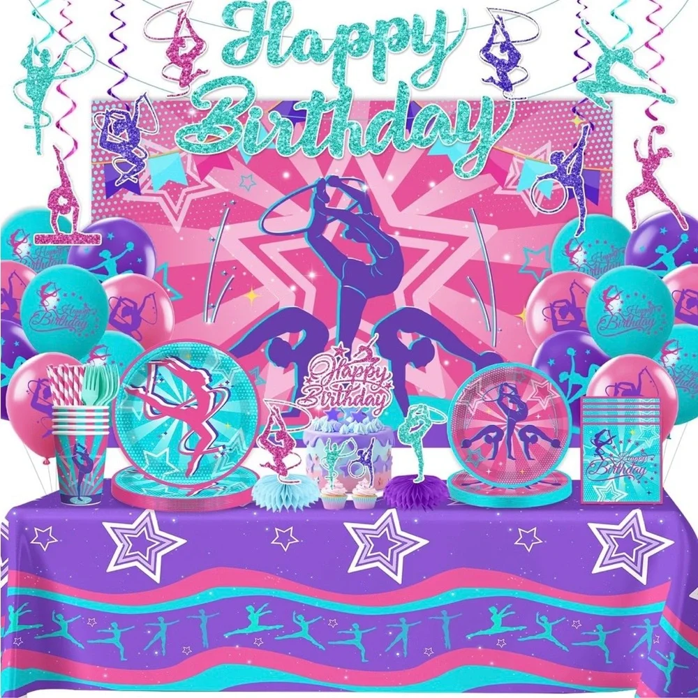 Gymnastics Birthday Party Supplies Set 20 Guests Pink Teal Decorations Kit